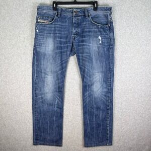 Diesel Jeans Mens 39x30 Blue Denim Safado Distressed Straight Leg Button Fly USA